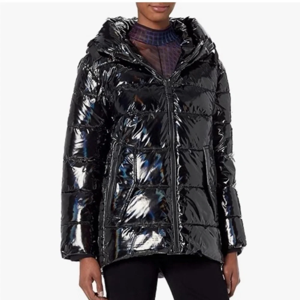 $320 DKNY Women's Water Resistant Patent Leather Glossy Puffer Jacket Black L